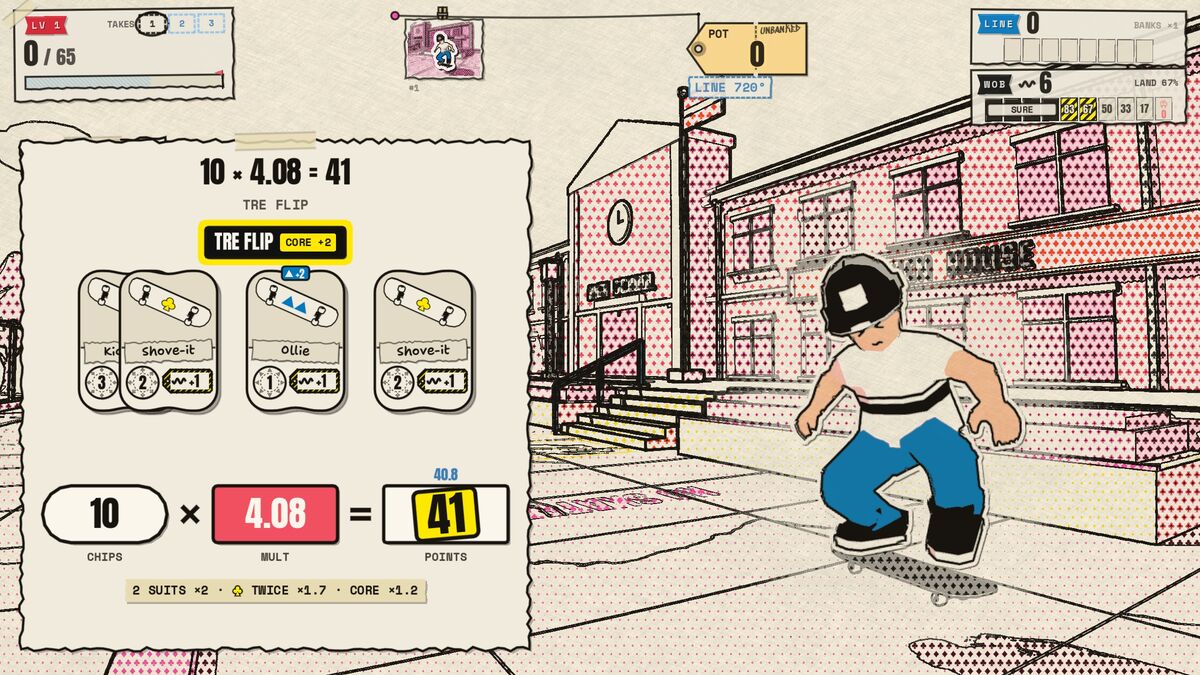 The count plays the move back card by card beside the held photo: why the Tre Flip scored 41.