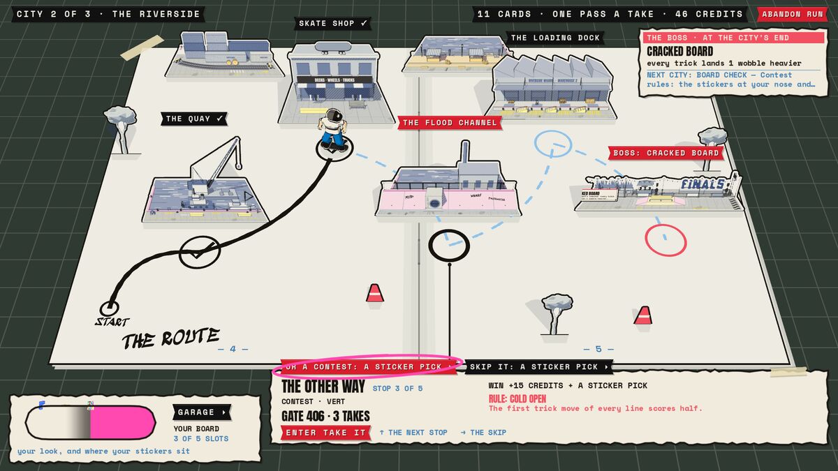 The riverside's pop-up map: the route forks into a session or a contest, and the next city's boss is posted.