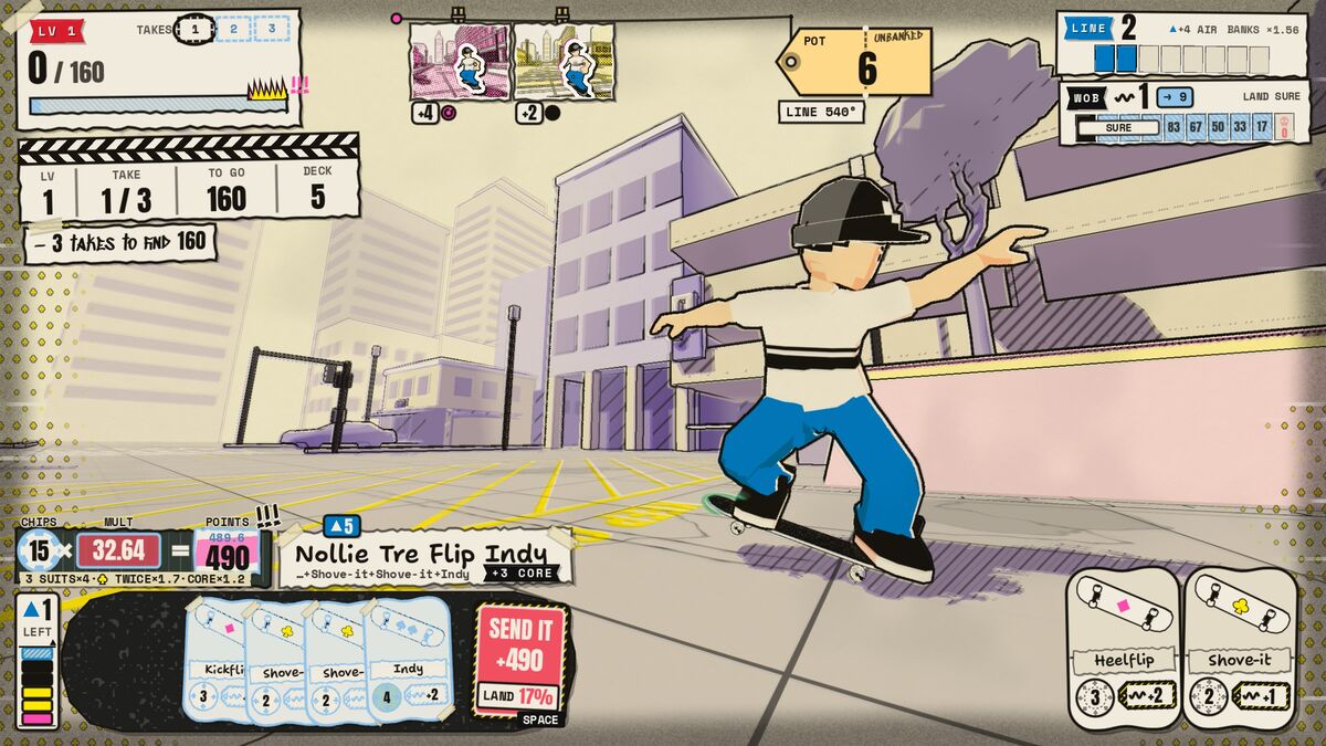 Downtown's plaza: riding a Nose Manual on a speed line, four cards stage a Nollie Tre Flip Indy.
