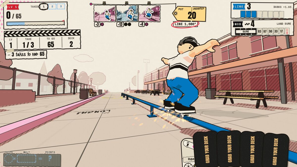 A 50-50 on the rail, sparks off the trucks.