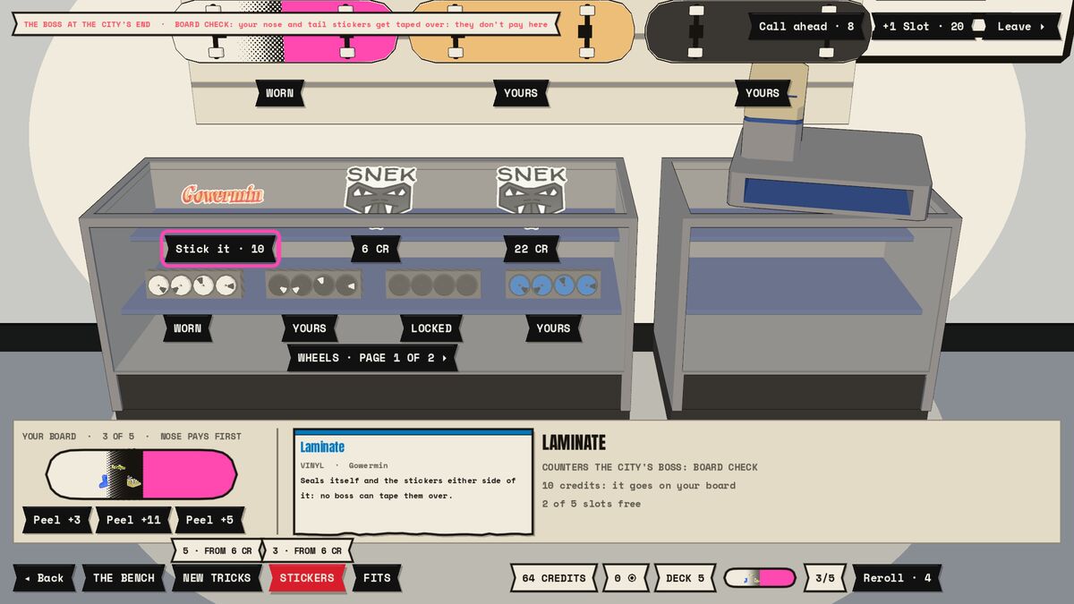 The skate shop: stickers, board parts and the boss's counter.