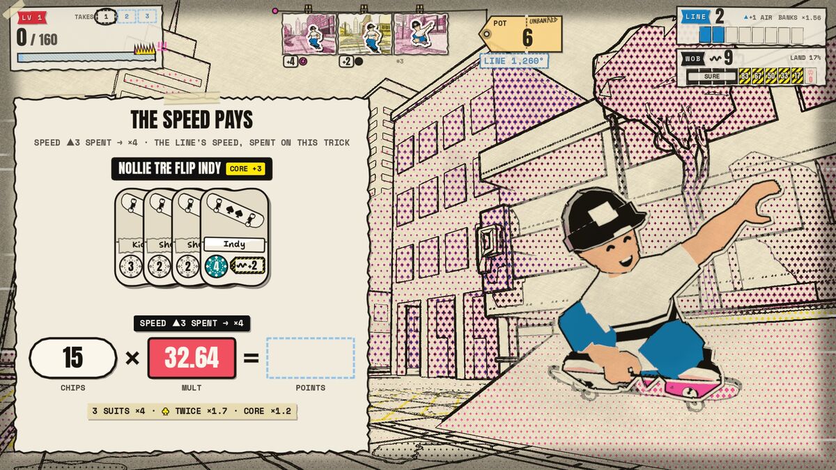 Speed pays: the landing trick spends the line's speed and scores ×4.